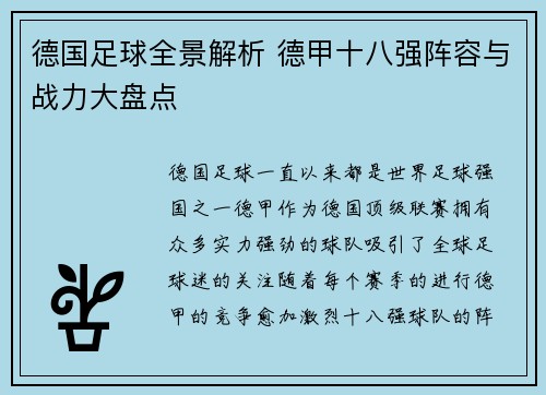 德国足球全景解析 德甲十八强阵容与战力大盘点