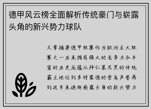 德甲风云榜全面解析传统豪门与崭露头角的新兴势力球队