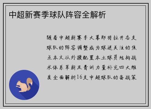 中超新赛季球队阵容全解析