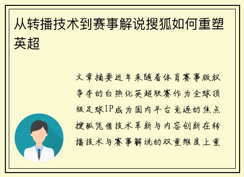 从转播技术到赛事解说搜狐如何重塑英超