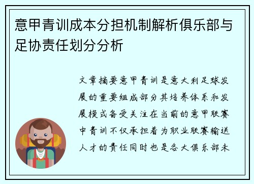 意甲青训成本分担机制解析俱乐部与足协责任划分分析